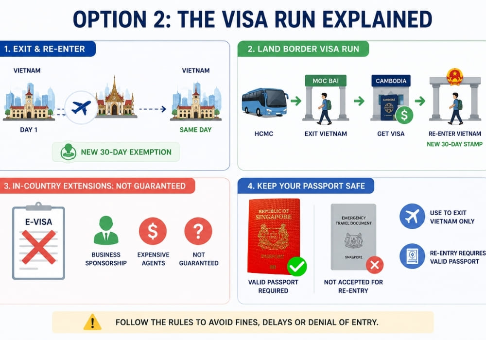 Travelers staying beyond Vietnam’s visa-free period often use visa runs to re-enter legally.